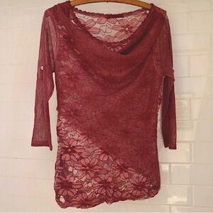 Tiziana Cervasio Deep Rose Women's Long Sleeve Lace Sheer Cowl Neck Top